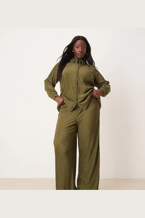 VILA Plisse wide leg trouser co-ord in dark olive