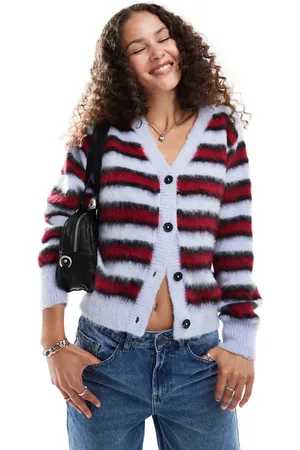 COLLUSION Brushed stripe v-neck cardigan in red & blue