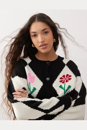 Miss Selfridge Diamond & flower crew cardigan