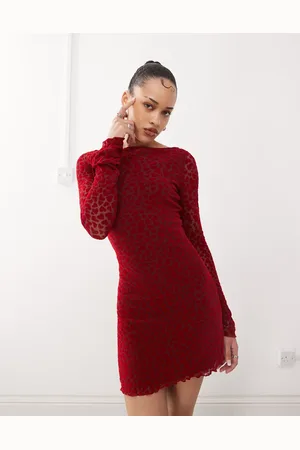 Motel Sevila flared sleeve flocked heart mini dress in maroon
