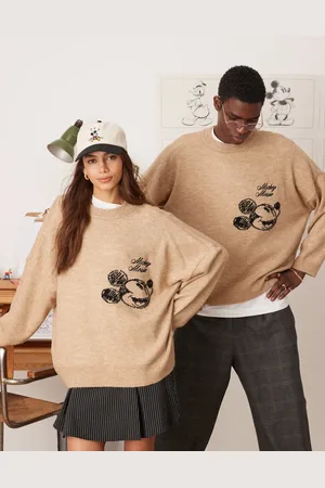 ASOS Disney super oversized boxy fit knitted crew neck jumper with Mickey Mouse embroidery in beige