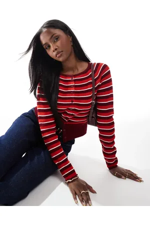 ASOS Knitted crew neck cardigan in red stripe