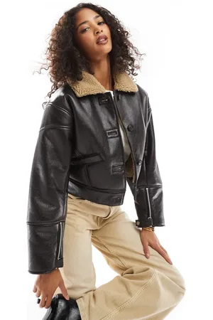 Pull&Bear Faux leather shearling collar jacket in dark