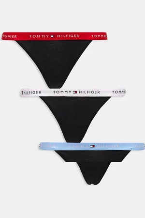 Tommy Hilfiger 3 pack thongs in black with red, pink, blue waistbands