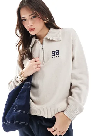 Hollister Half zip knitted logo jumper in beige