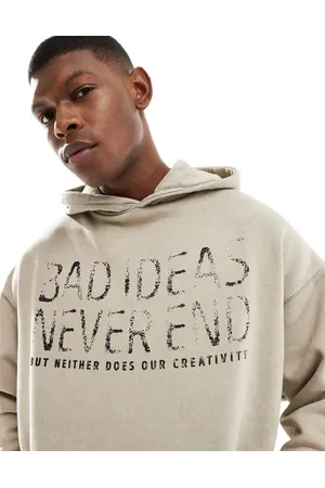Pull&Bear Bad ideas printed hoodie in beige