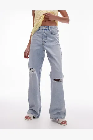Topshop Mid rise loose fit straight jean with rips in vintage