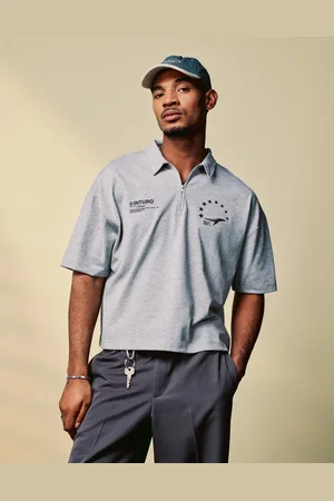 ASOS Boxy oversized zipped polo with sports graphic in marl rib