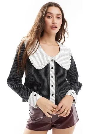 Daisy Street Long sleeve v neck button up blouse with contrast stripe collar