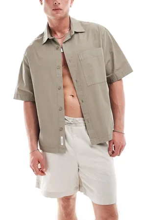 Pull&Bear Boxy fit revere neck shirt in sand