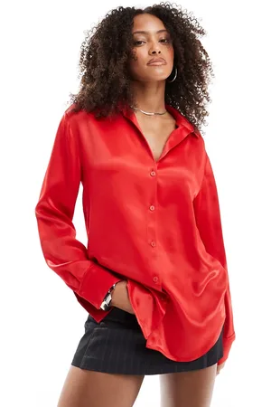 Miss Selfridge Oversized button down satin shirt in red