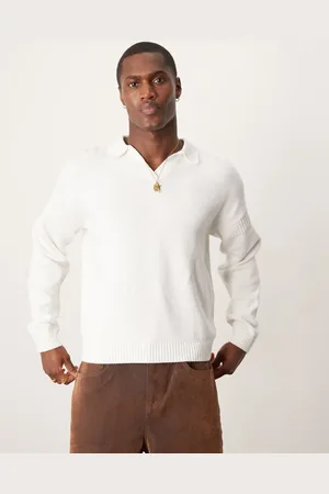 ASOS Relaxed boxy fit knitted notch neck jumper in off white