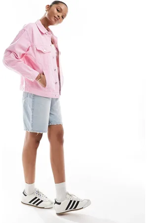ASOS Denim puff sleeve jacket in pink stripe