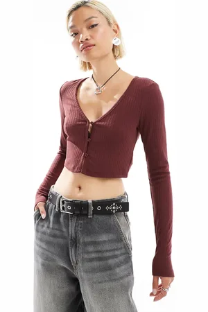 Glamorous Cable knit crop fitted cardigan in brown