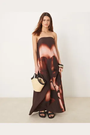 ASOS Cupro bandeau maxi dress in burgundy blown out floral print