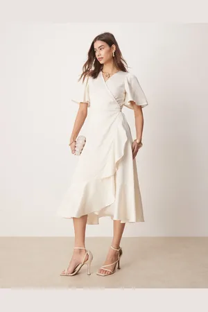 Y.A.S Satin wrap midi dress in gardenia
