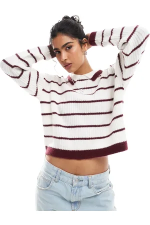 ASOS Knitted rugby jumper in burgundy and ecru stripe