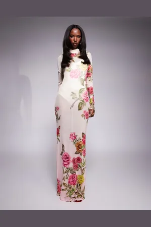 AFRM Rowan high neck mesh maxi dress in falling rose print
