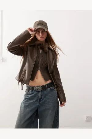 Reclaimed Leather look fitted jacket with lace up detail