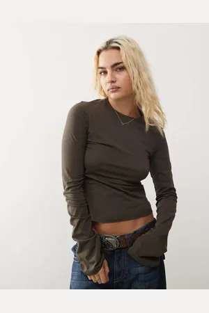 Weekday Violet long bell sleeve top with roll neckline in washed dark mole