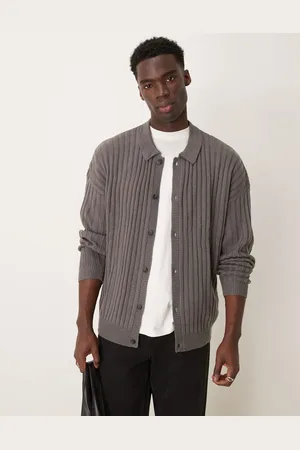 ASOS Oversized ribbed knitted cardigan with collar in charcoal