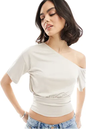 ASOS Slouchy off shoulder cinched cupro top in stone