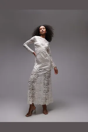 Topshop Long sleeve vintage crinkle satin and lace mix maxi dress in ivory