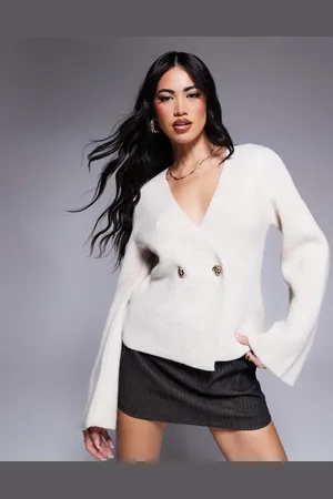 River Island Asymmetric button cardigan in beige