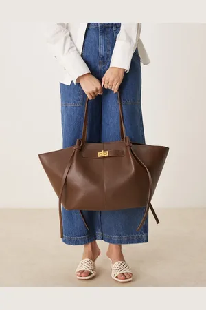 Gina Tricot Faux leather medium tote bag with strap and clutch detail in dark