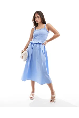 & OTHER STORIES Mixed fabric midi dress with ruched smock bodice and full hem in blue