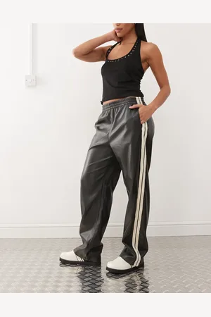 Noisy May Wide leg faux leather trouser with side stripes in