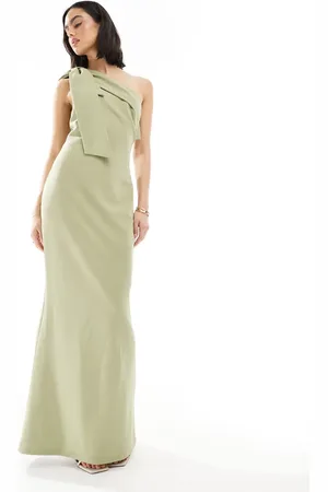 Pretty Lavish Bridesmaid crepe one shoulder bow maxi dress in olive