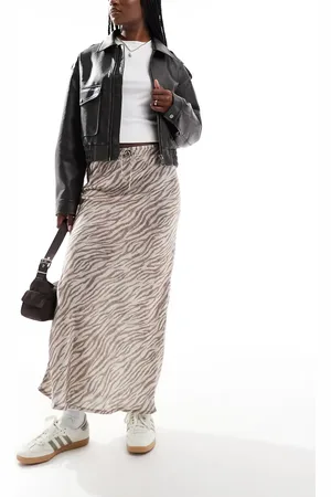 Stradivarius Satin midi skirt in neutral zebra print
