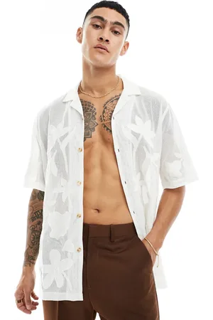 ASOS Short sleeve mesh revere shirt with embroidery in ecru