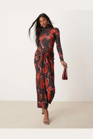 Pretty Lavish Tie waist roll neck maxi dress in abstract print