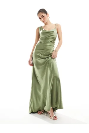 Six Stories Bridesmaid asymmetric cowl maxi dress in moss