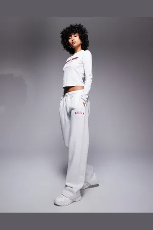 Kaiia Embroidered logo wide leg joggers co-ord in light marl and red