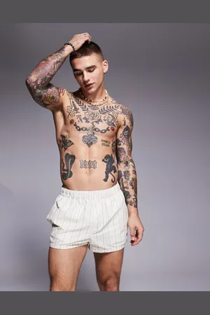 ASOS Seersucker stripe swim shorts in super short length in stone