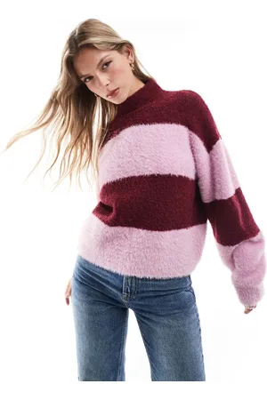 Brave Soul High neck jumper in burgundy and lilac stripe