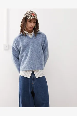 Reclaimed Textured boxy oversized polo jumper in baby blue