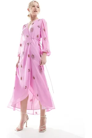HOPE & IVY Embellished wrap dress with tie waist and blouson sleeve in