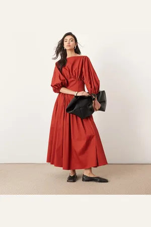 ASOS Cotton cinched waist midaxi dress with balloon sleeve in rust
