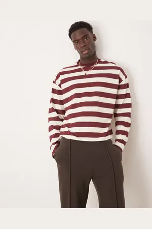 ASOS Boxy oversized long sleeve t-shirt in burgundy and white stripe