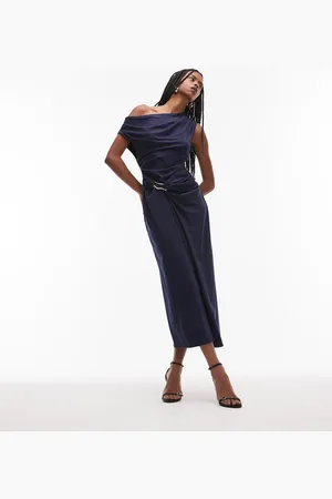 & OTHER STORIES Jersey midi dress with drape wrap clasp and asymmetric off shoulder in dark