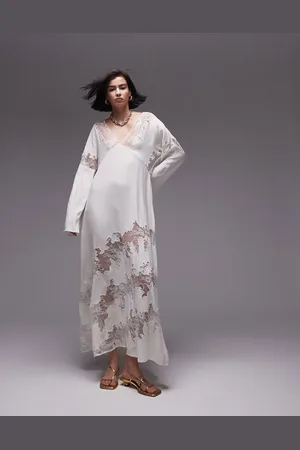 Topshop Premium lace insert v neck maxi dress in ivory