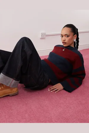COLLUSION Knitted fluffy striped jumper in navy and burgundy