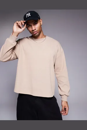ASOS Oversized boxy waffle long sleeve t-shirt in beige