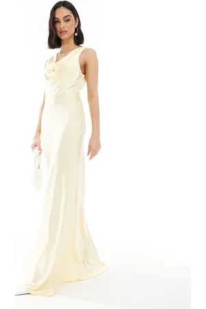 Six Stories Bridesmaid cowl neck satin maxi dress in lemon