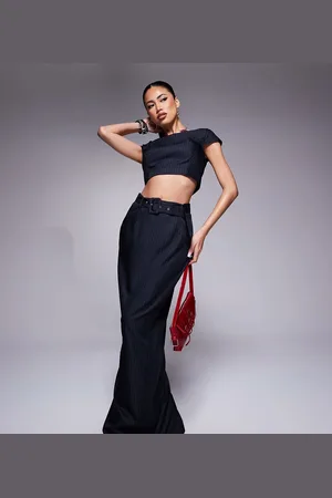 Kaiia Exclusive tailored belt detail maxi skirt co-ord in navy pinstripe