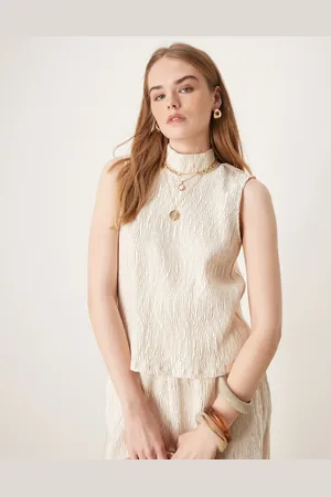 Y.A.S Shimmer crinkle high neck sleeveless top co-ord in sandshell